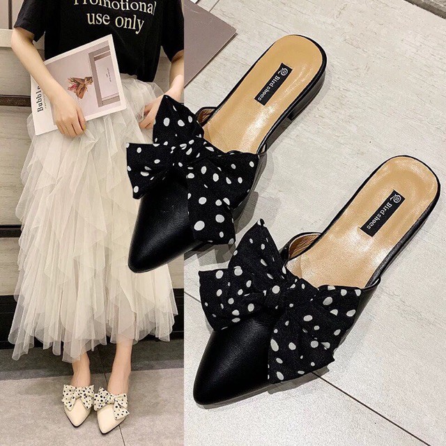 FREE SHIP30K (H618) Dép sục nữ thắt nơ vải chấm bi cao ~3cm