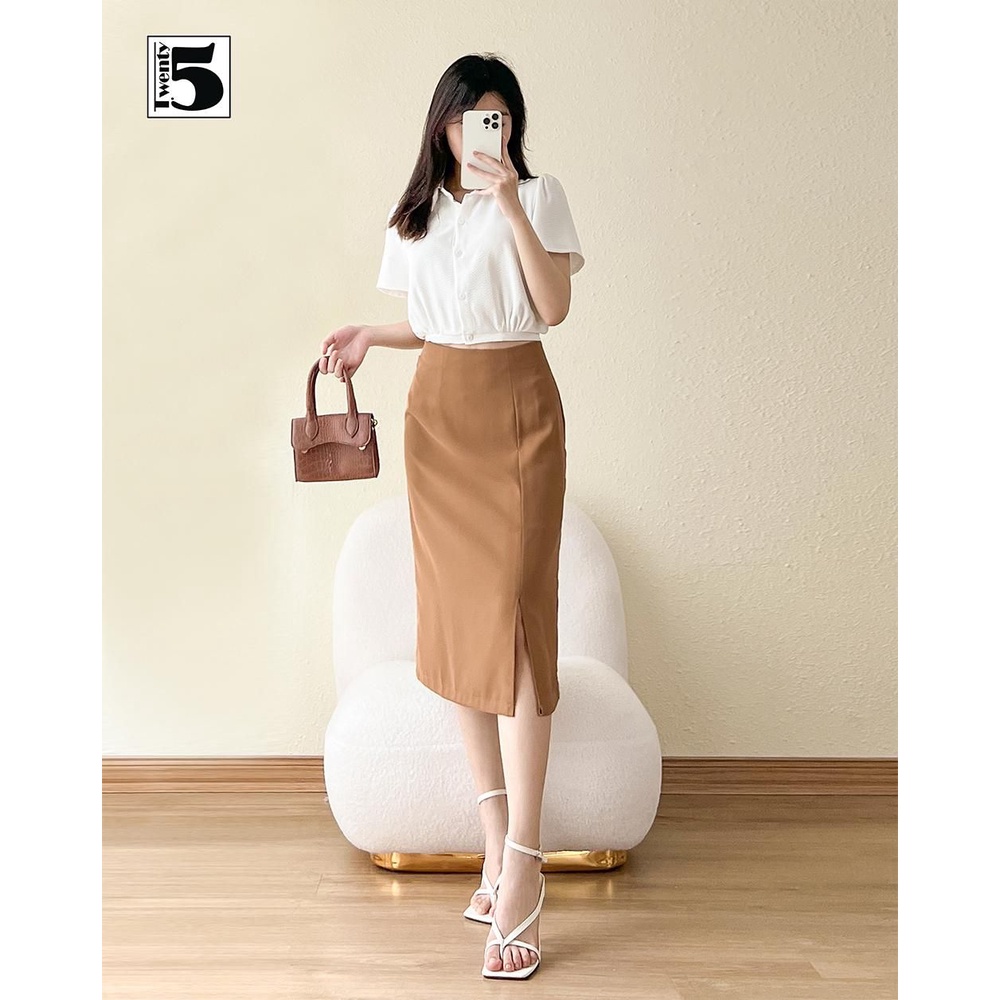 Chân váy công sở xẻ vạt lệch 2 lớp dáng midi thanh lịch Twentyfive N356