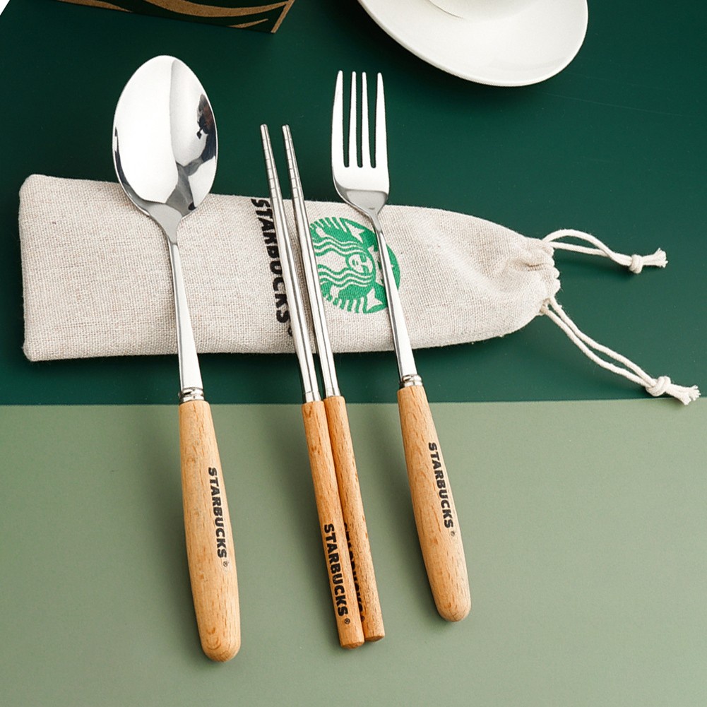 Set dụng cụ ăn uống bằng thép không gỉ kèm túi đựng in họa tiết Starbucks phong cách nhật bản