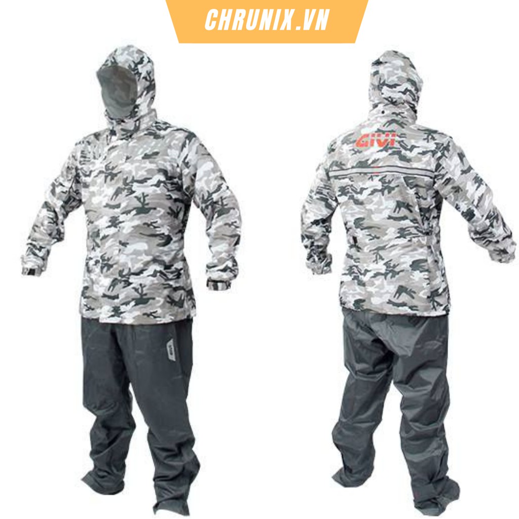 Áo Mưa Bộ Có Nón Và Túi Bên Trong Givi Camo Rằng Ri Xám Chrunix