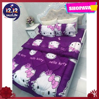 Bộ chăn phao ga gối poly giường 1m8 mẫu kitty tím