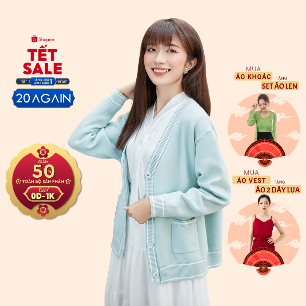 Áo cardigan nữ dài tay phối viền 20AGAIN, chất len cao cấp, mịn, co giãn tốt KLA0068