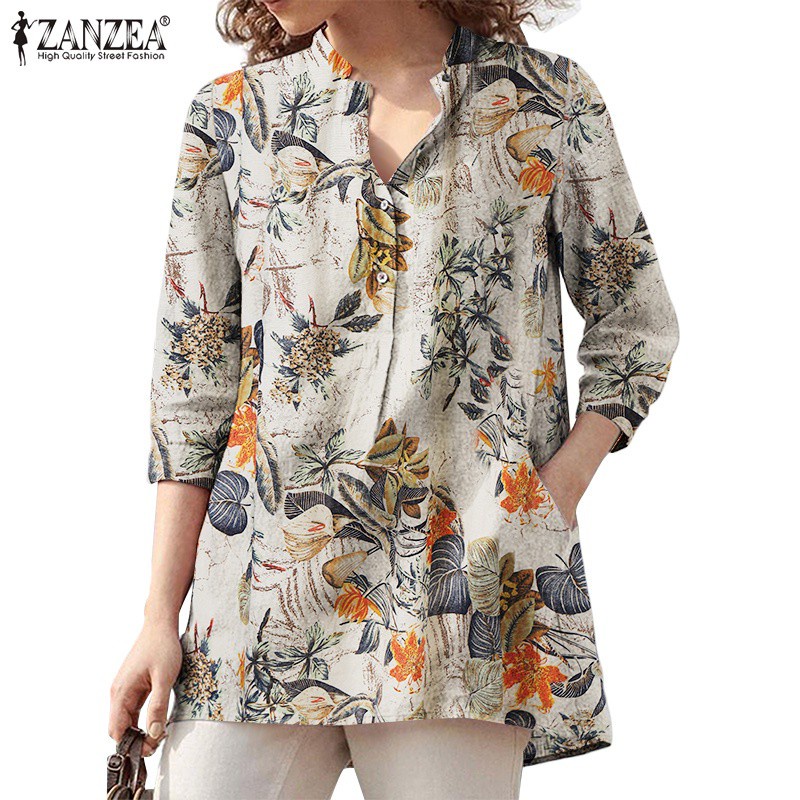 Áo Kiểu ZANZEA Cotton Tay Dài Cổ Chữ V Đơn Giản Thời Trang Cho Nữ