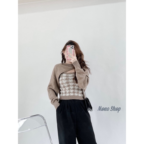 set áo len cutout kèm áo 2 dây ôm hoạt tiết ziczac bốn màu ( Ảnh thật/ sẵn) | BigBuy360 - bigbuy360.vn