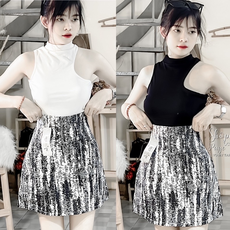 set áo croptop cổ lọ phối chân váy sọc màu