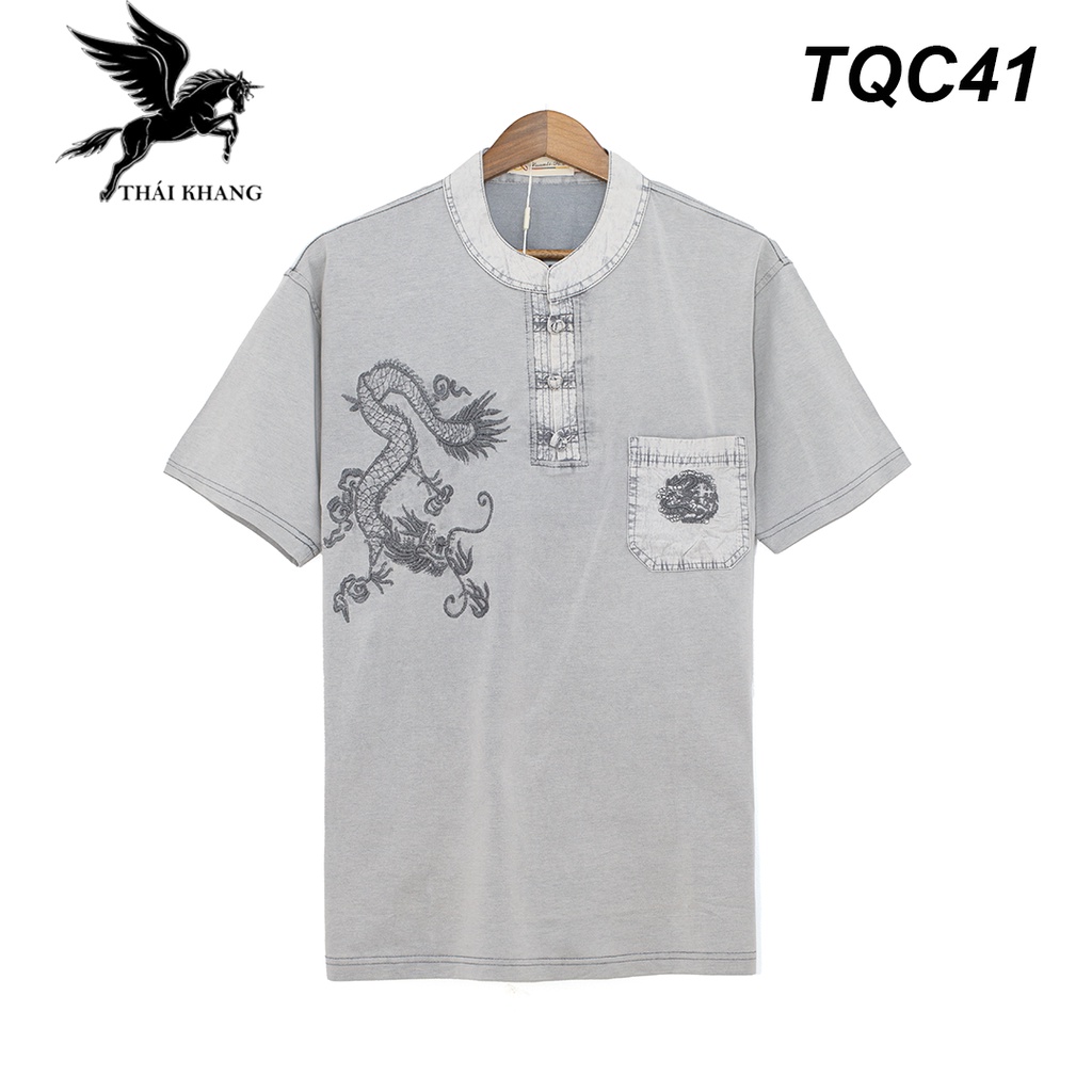 Áo thun nam ngắn tay cổ trụ thiêu rồng trung niên THÁI KHANG vải cotton 100% mặc mát TQC4
