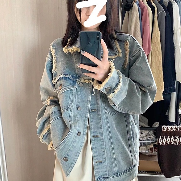 ZHELIHANGFEI Áo Khoác Denim Dài Tay Dáng Rộng Phối Túi Cá Tính Theo Phong Cách Retro Mỹ