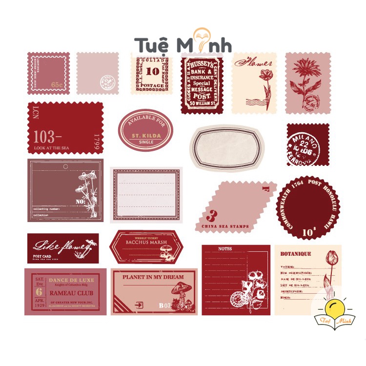 Bộ 40 tem, nhãn tag retro dính sẵn dán sổ bullet journal STI36