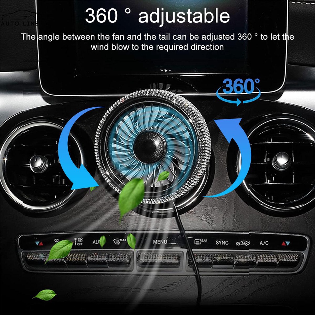 Quạt Làm Mát 3 Tốc Độ 3 Tốc Độ Xoay 360 Độ Cho Xe Hơi° Quạt Xoay Có Đèn LED Pha Lê Lấp Lánh Gắn Lỗ Thông Gió Xe Hơi SHOPCYC0150