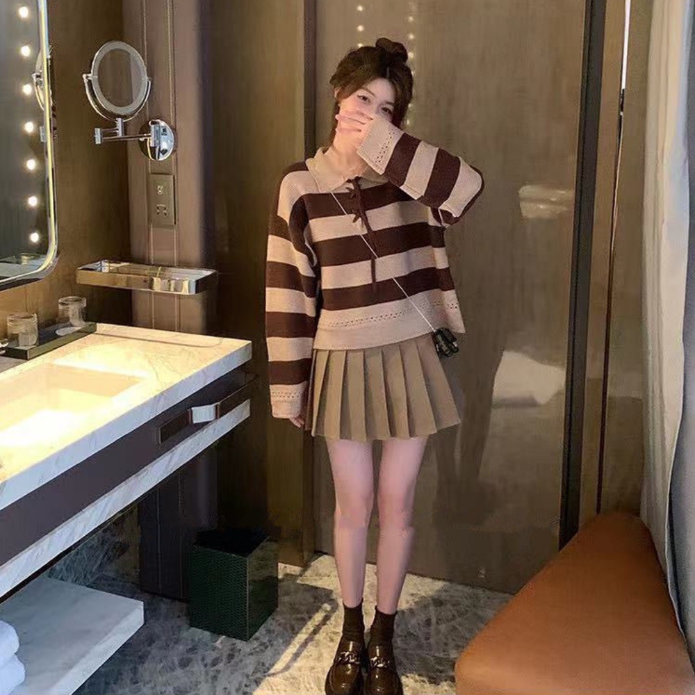 Áo Sweater Dệt Kim Dáng Rộng Họa Tiết Kẻ Sọc Thời Trang Thu Đông Mới Cho Nữ