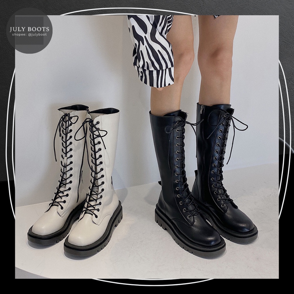 Order - Bốt Cổ Cao Dáng Chiến Binh Đan Dây Gót 4 Phân Khóa Kéo Hông Boots