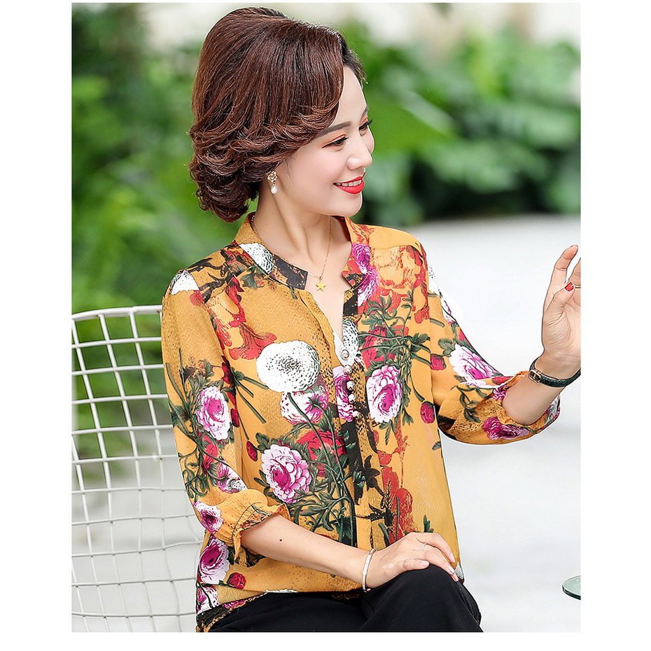 Áo Trung Niên MAI THY 669, Mẫu Áo Kiểu Nữ Hoa Mẫu Đơn Voan 2 Lớp Cổ Đức Trang Nhã | Thời Trang Trung Niên U40