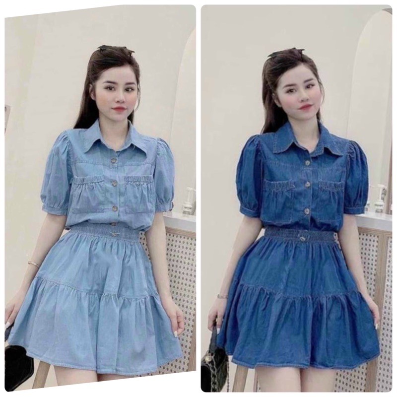 SET ÁO SƠ MI JEANS KÈM CHÂN VÁY (KÈM VIDEO HÌNH THẬT)