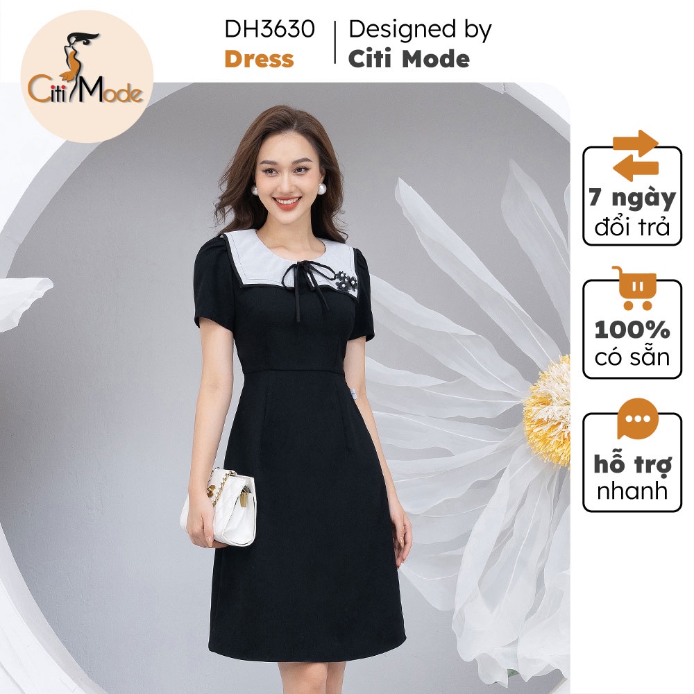 Đầm xòe A công sở đen CITI MODE phối cổ nơ tay ngắn DH3630