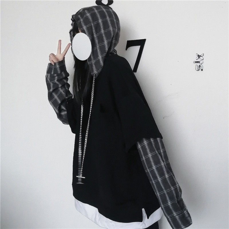 Áo Hoodie Tay Dài Giả Hai Lớp Form Rộng Họa Tiết Sọc Caro Thời Trang Hàn Quốc