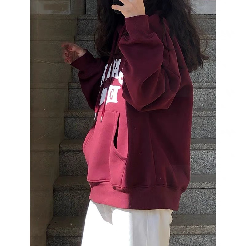 Áo nỉ có mũ , áo hoodie màu đỏ đô hottrend họa tiết chữ trước ngực