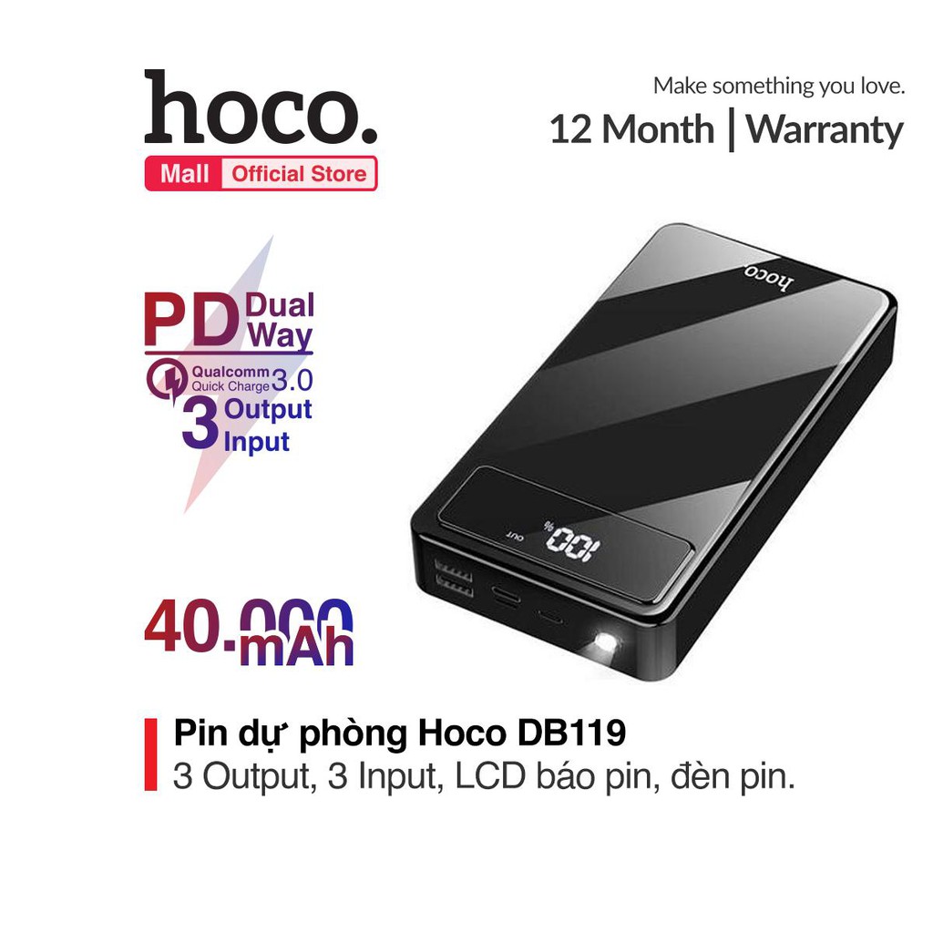 Pin sạc dự phòng Hoco DB119 dung lượng khủng 40000mAh sạc nhanh 2 cổng USB 5V/2A Max tích hợp đèn pin, màn hình LCD