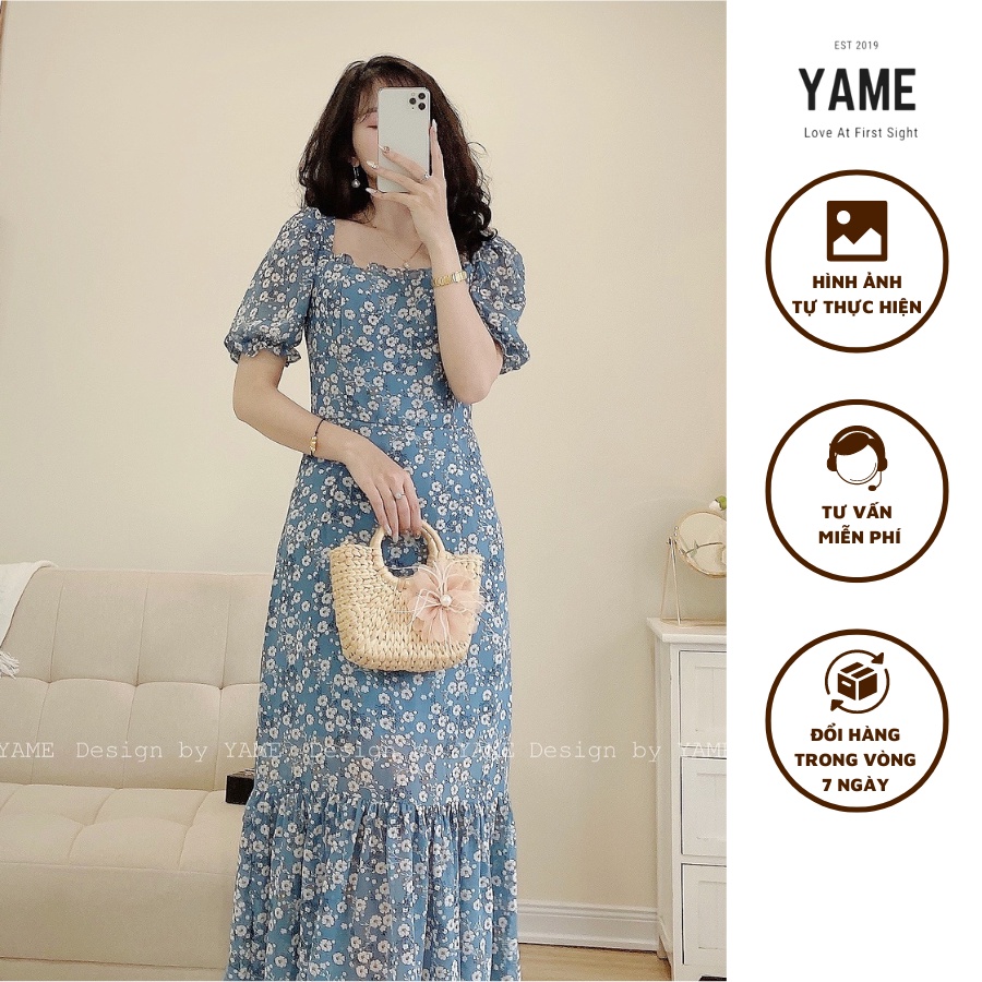 Váy đầm hoa nữ ngắn tay dáng dài màu xanh dương chất voan tơ lót lụa YAME