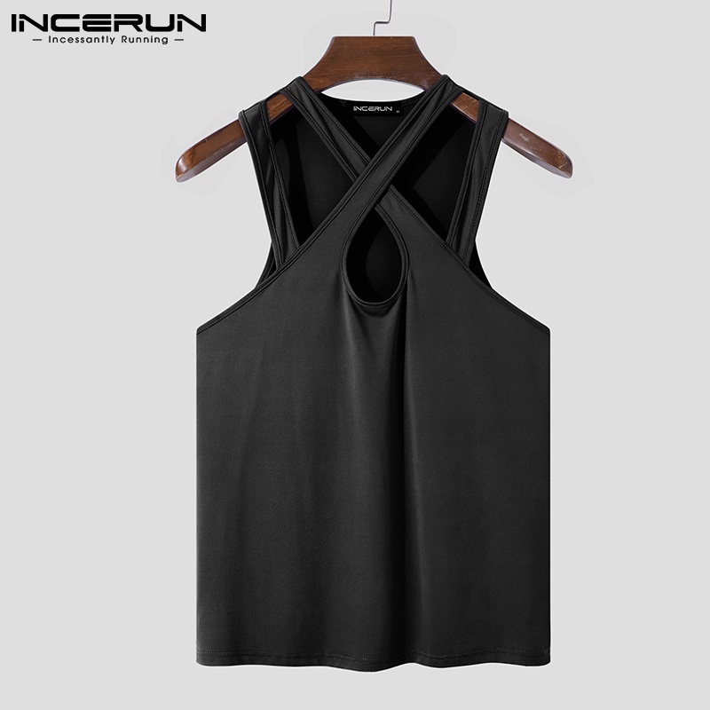 Áo tank top INCERUN không tay thiết kế chéo dây màu trơn thời trang cho nam