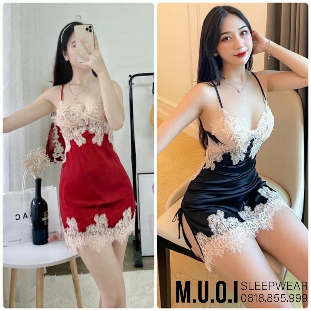 ( Có Ảnh Thật ) Váy ngủ 2 dây quai chéo lưng pha ren Cao Cấp 1857 Siêu Đẹp