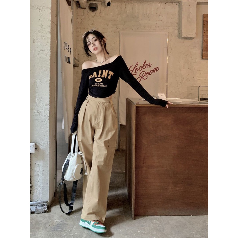 Sét áo thun dài tay croptop và quần ống rộng cạp cao phong cách cá tính