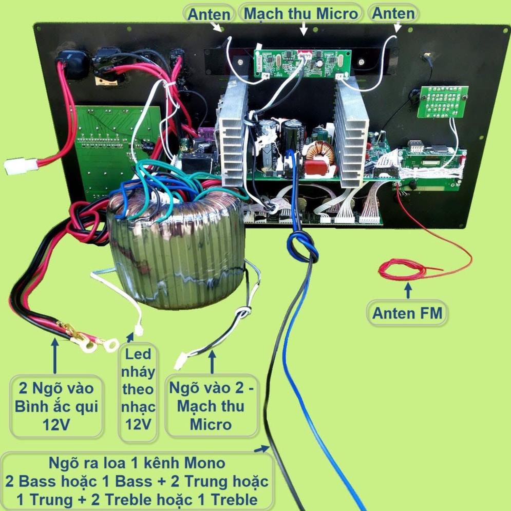 Mạch loa kéo Reverb chống hú 1 kênh Mono 400W – 800W kèm Micro UHF pin 18650 chống hú loa kéo 5 tấc đơn, 6 tấc đơn