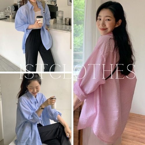 Sơ mi oversize form rộng 2 màu xanh và hồng phong cách ulzzang 1STCLOTHES