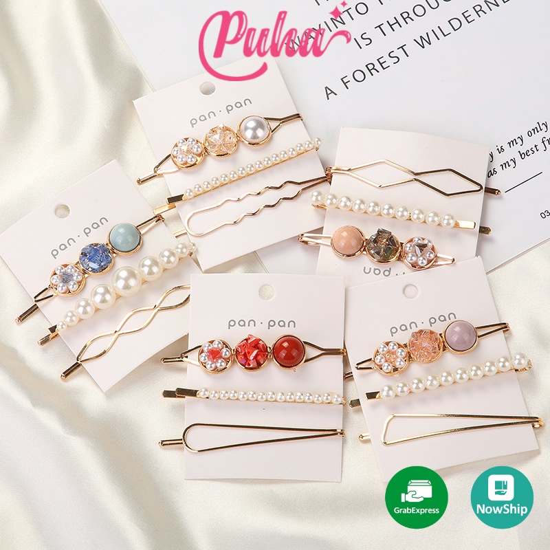 Set 3 kẹp tóc mái kim loại mix hạt ngọc PUHA, cặp tóc nữ đính đá phong cách tiểu thư sang chảnh Hàn Quốc