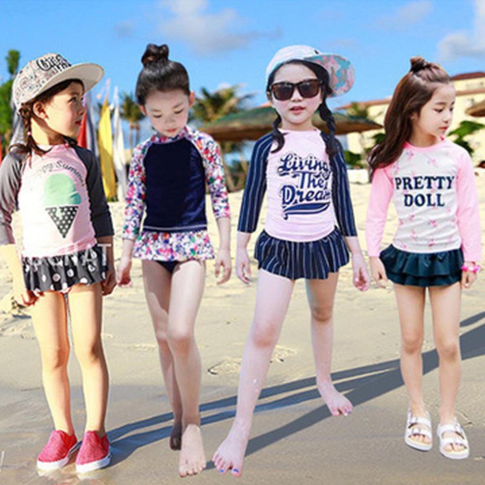Bộ đồ bơi 2 món tay dài họa tiết hoa phối kiểu nhún bèo xinh xắn dành cho bé gái từ 1-10 tuổi !