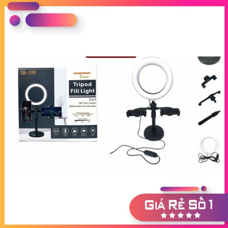 Đèn livestream để bàn 2 kẹp điện thoại.