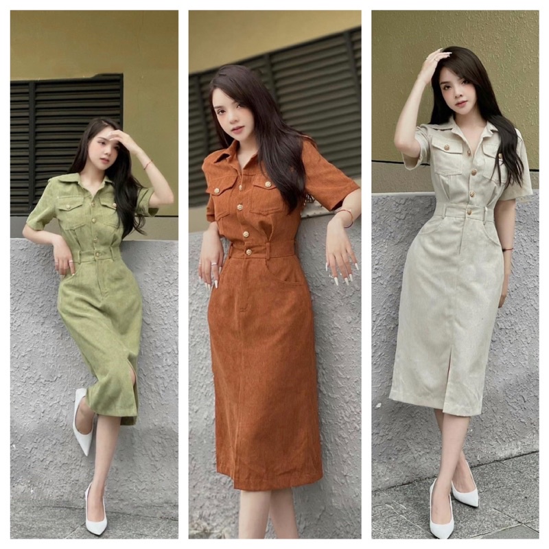 VÁY ĐẦM TĂM NHUNG CỔ SƠMI TÚI HỘP KHUY TRƯỚC DÁNG DÀI QUA GỐI HOT