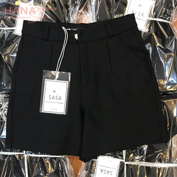 Quần short có túi khóa khuy cài đai thắt lưng ôm đùi mông màu Đen - Cạp lưng eo cao - Vải dày mềm - Quần sooc đen nữ mặc