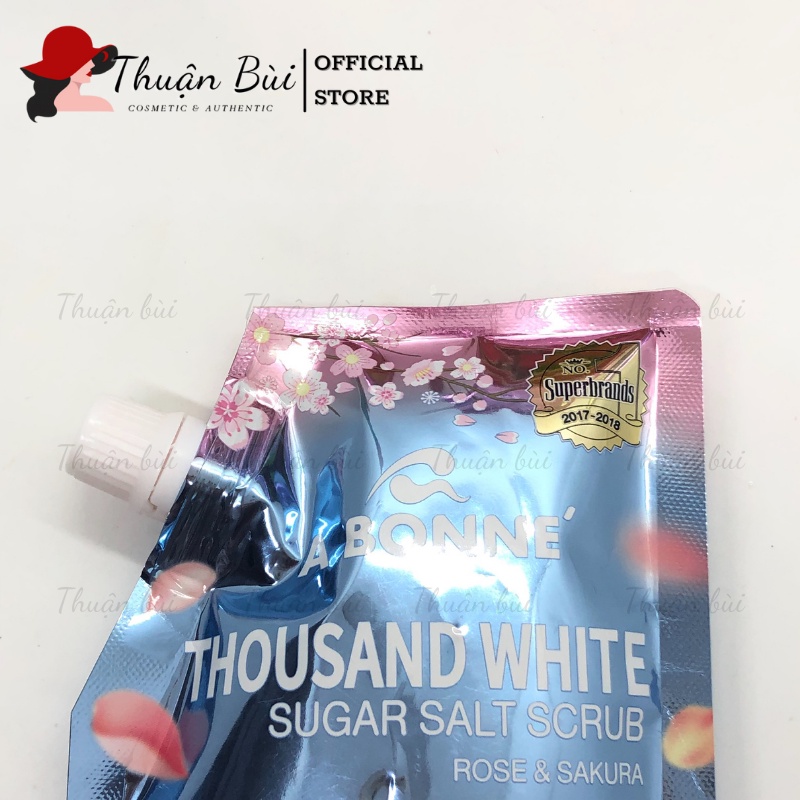 Muối Tắm Trắng Da Cao Cấp Thái Lan A Bonne' Thousand White Sugar Salt Scrub - Hoa hồng &amp; Hoa anh đào Túi 350g Có Vòi