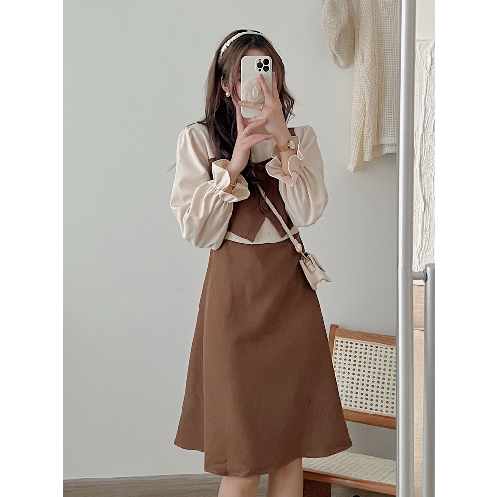 Váy Đầm Nhung Dáng Dài Giả Gille Tay Dài Tiểu Thư Đầm Nữ Phong Cách Hàn Quốc | Smide Clothing