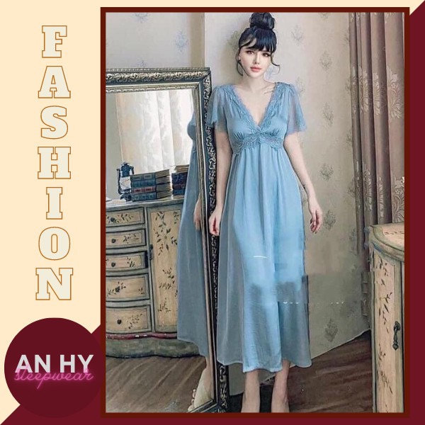 Đầm lụa ren xanh dương dáng dài sang chảnh - Váy ngủ nữ dáng dài kín đáo mềm mượt