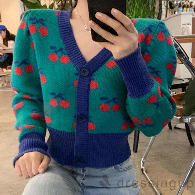 Áo khoác cardigan dệt kim cổ chữ V in họa tiết quả cherry phong cách cổ điển cho nữ