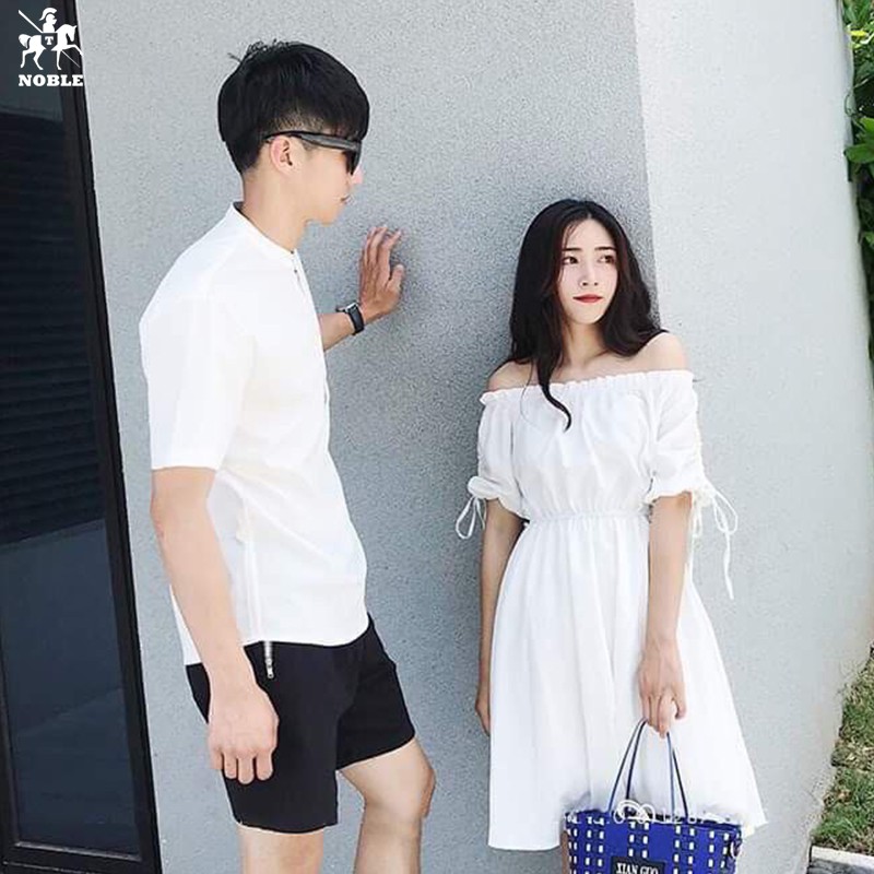 [Freeship] Set đồ đôi couple sơ mi nam - đầm nữ trễ vai thích hợp du lịch, chụp hình cưới thời trang Noble TN19 (Ảnh thậ