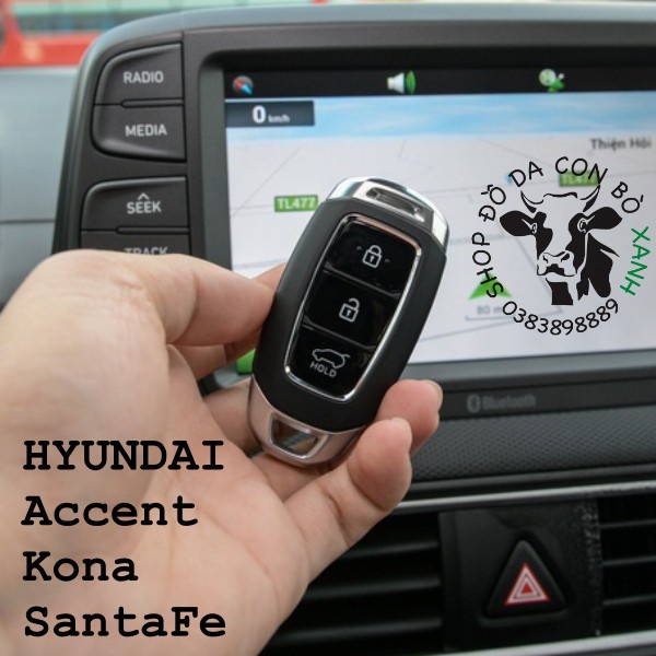 [Xanh navy] Bao da chìa khoá Hyundai Accent, Kona, Santafe handmade da thật 009