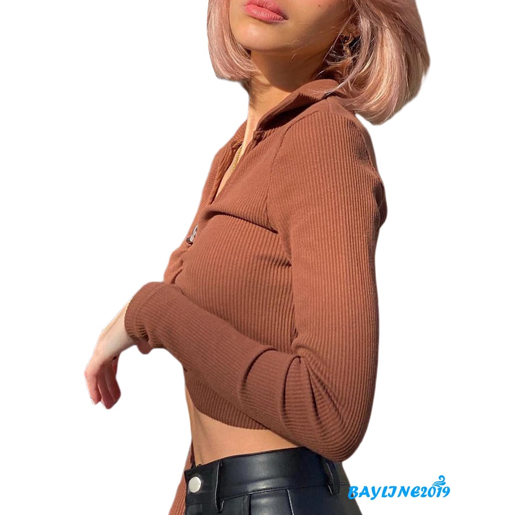 Áo Croptop Tay Dài Cổ Chữ V Màu Sắc Thời Trang Cho Nữ