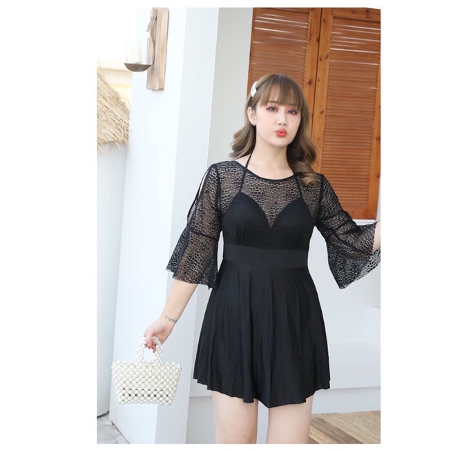 HT-bộ bơi đầm big size thun đen yếm ren đi biển size 60-70kg