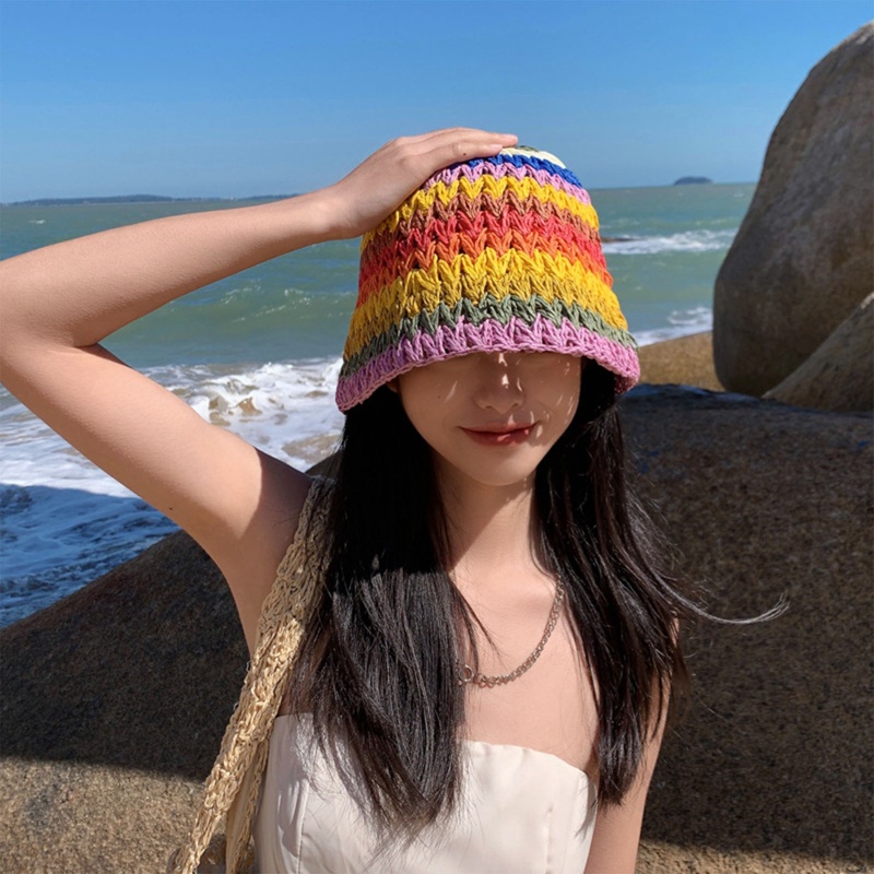 Nón Tai Bèo Đan Len Thủ Công Màu Sắc Cầu Vồng Xinh Xắn
