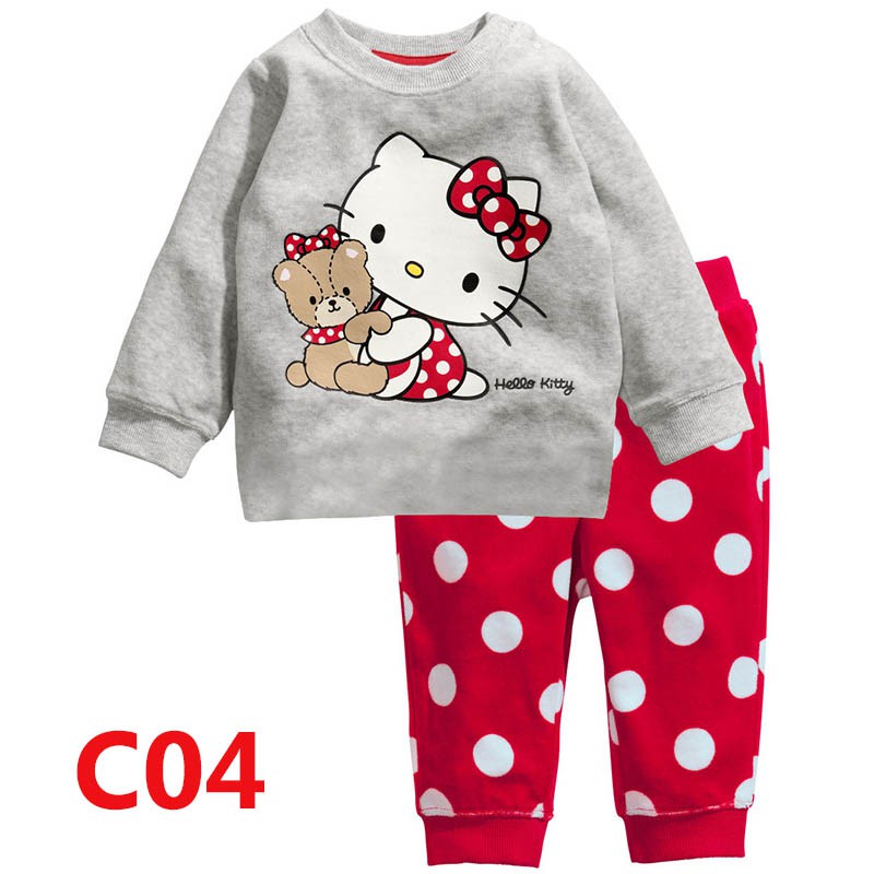 Bộ Đồ Ngủ 2 Món Áo Tay Dài + Quần Dài Vải Cotton In Hoạt Hình Hello Kitty Dễ Thương Cho Bé Gái