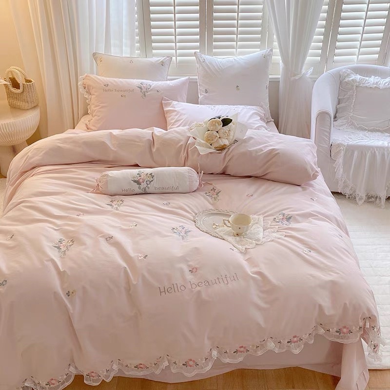 Bộ chăn ga Lụa satin thêu hoa hồng cao cấp ( set 4 món)