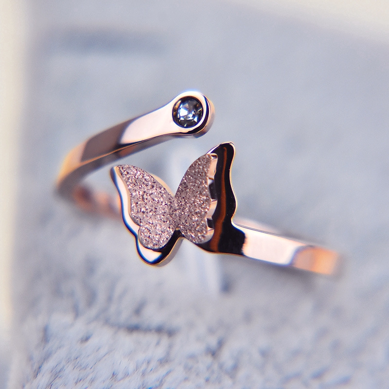 Butterfly Diamond Open Ring Rose Gold Scrub Couple Titanium Steel Ring
