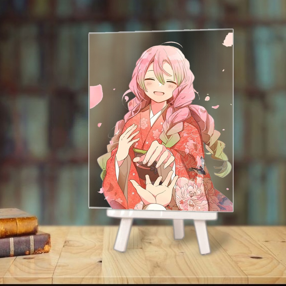 Tranh kính KIMETSU NO YAIBA Thanh Gươm Diệt Quỷ anime chibi acrylic mica trong trưng bày trang trí giá gỗ