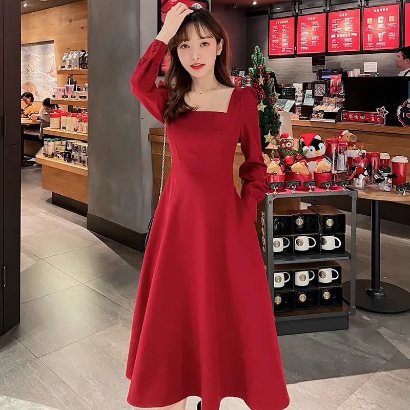 Đầm midi màu trơn thời trang mùa thu hàn quốc cho nữ