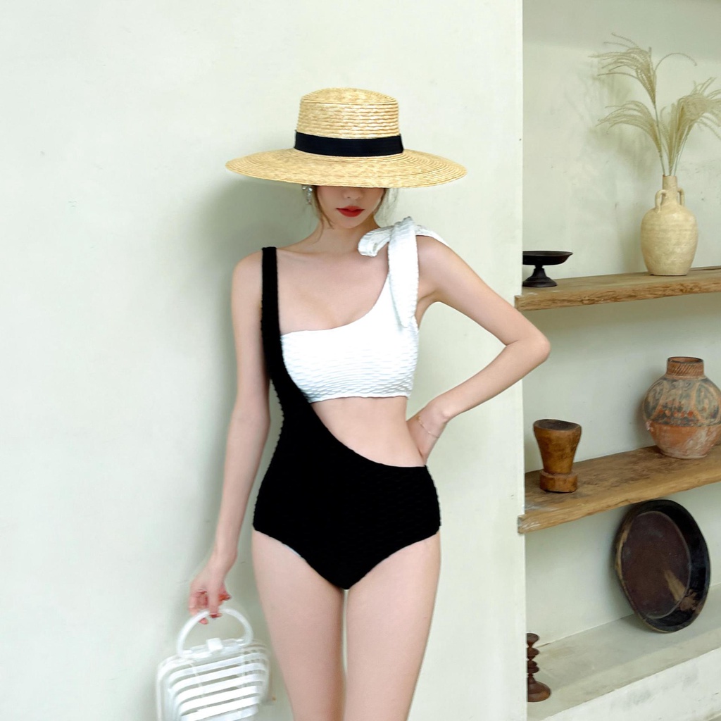 Mới Bộ Đồ Bơi Một Mảnh Lưng Cao Dáng Ôm Phối Màu Trắng Đen Đơn Giản Dễ Thương
