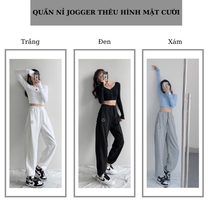 Quần Boom Ống Rộng Bo Gấu Unisex, Quần Nỉ Jogger Nam Nữ THÊU HÌNH MẶT CƯỜI Siêu Đẹp Đủ 3 Màu PIGI Store Mã 45
