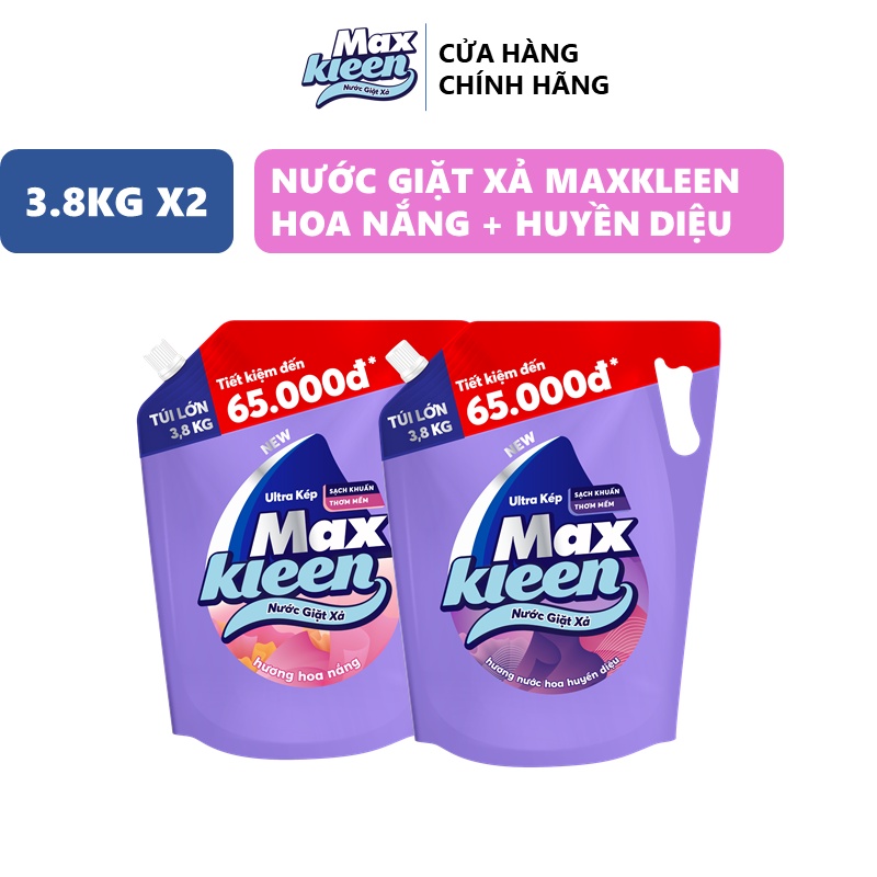 Combo 2 Túi nước giặt xả MaxKleen Hoa nắng + Huyền diệu 3.8kg túi