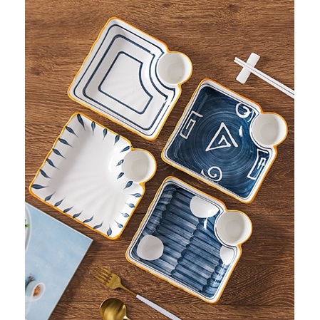 Set 4 đĩa ăn men lam họa tiết phong cách Nhật Bản có ô đựng nước chấm